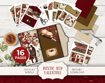 May include: A rustic red Valentine's Day folio kit bundle with 16 pages. The kit includes a variety of decorative elements, such as hearts, flowers, and a couple silhouette. The kit is perfect for creating a unique and personalized Valentine's Day gift.