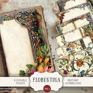 Florentina Junk Journal Pages 6 Digital Scrapbook Papers 11 x 8.5" Art Printable Colorful Calligraphy Illumination scripts Venician FLTN