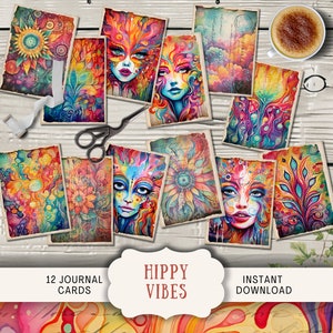 Cartes de journal hippie Vibes, 12 cartes de journal numérique indésirable, journal imprimable éphémère, créations en papier psychédélique ATC rétro groovy des années 70 et 60