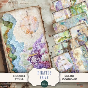 Pagine del diario di Treasure Island Junk 6, carta per scrapbooking digitale stampabile, pirati, oceano, mare, vela, spiaggia, stravagante, acquerello, pastello PICV2