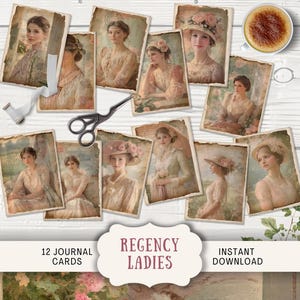 Cartes de journal de l'époque Regency 12 cartes de journal numérique indésirable, cartes ATC éphémères imprimables vintage jeunes femmes, floral pastel rose et bleu RGLD