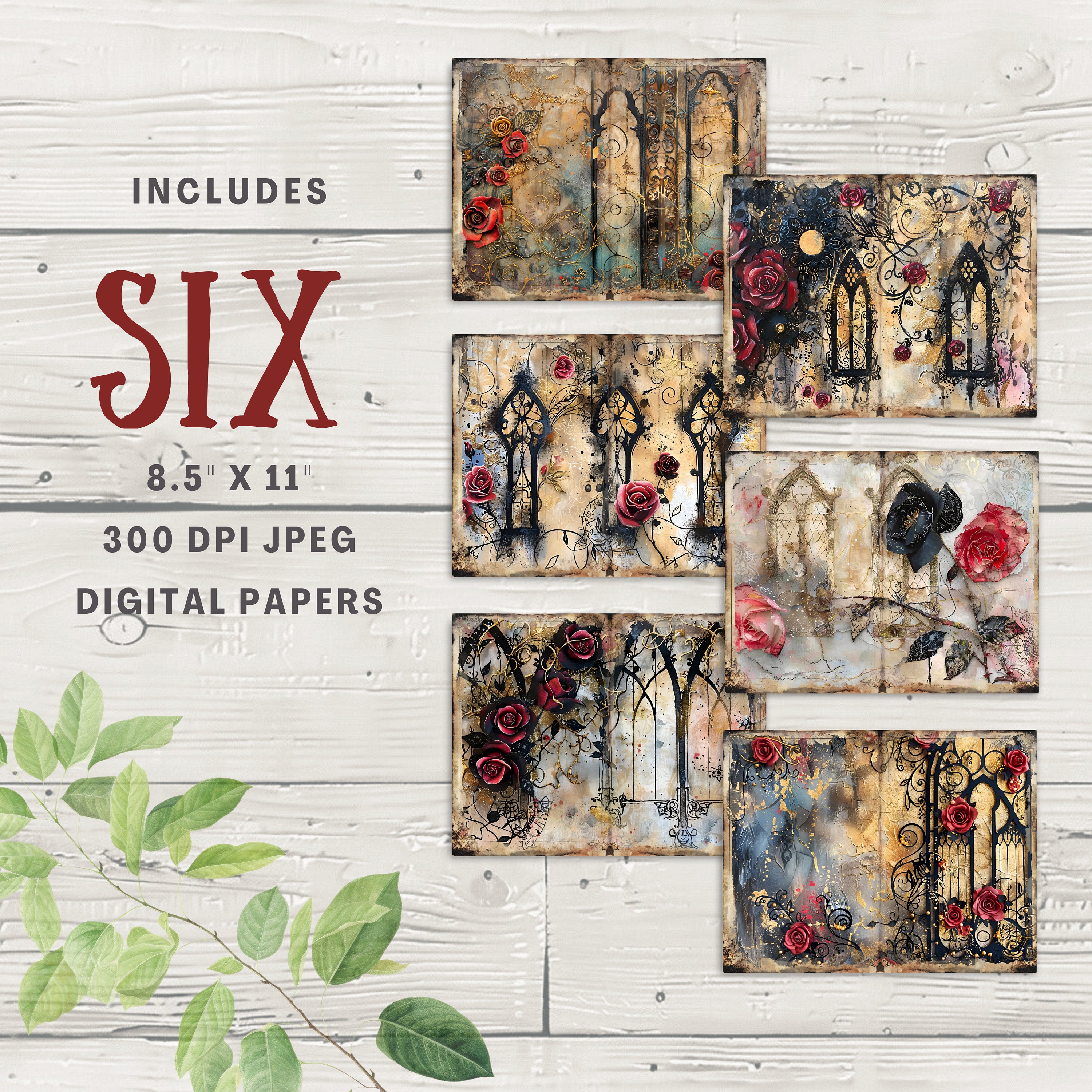 Gothic Red Rose Junk Journal Pages 6 Digital Scrapbook Pages 11 X 8.5 ...
