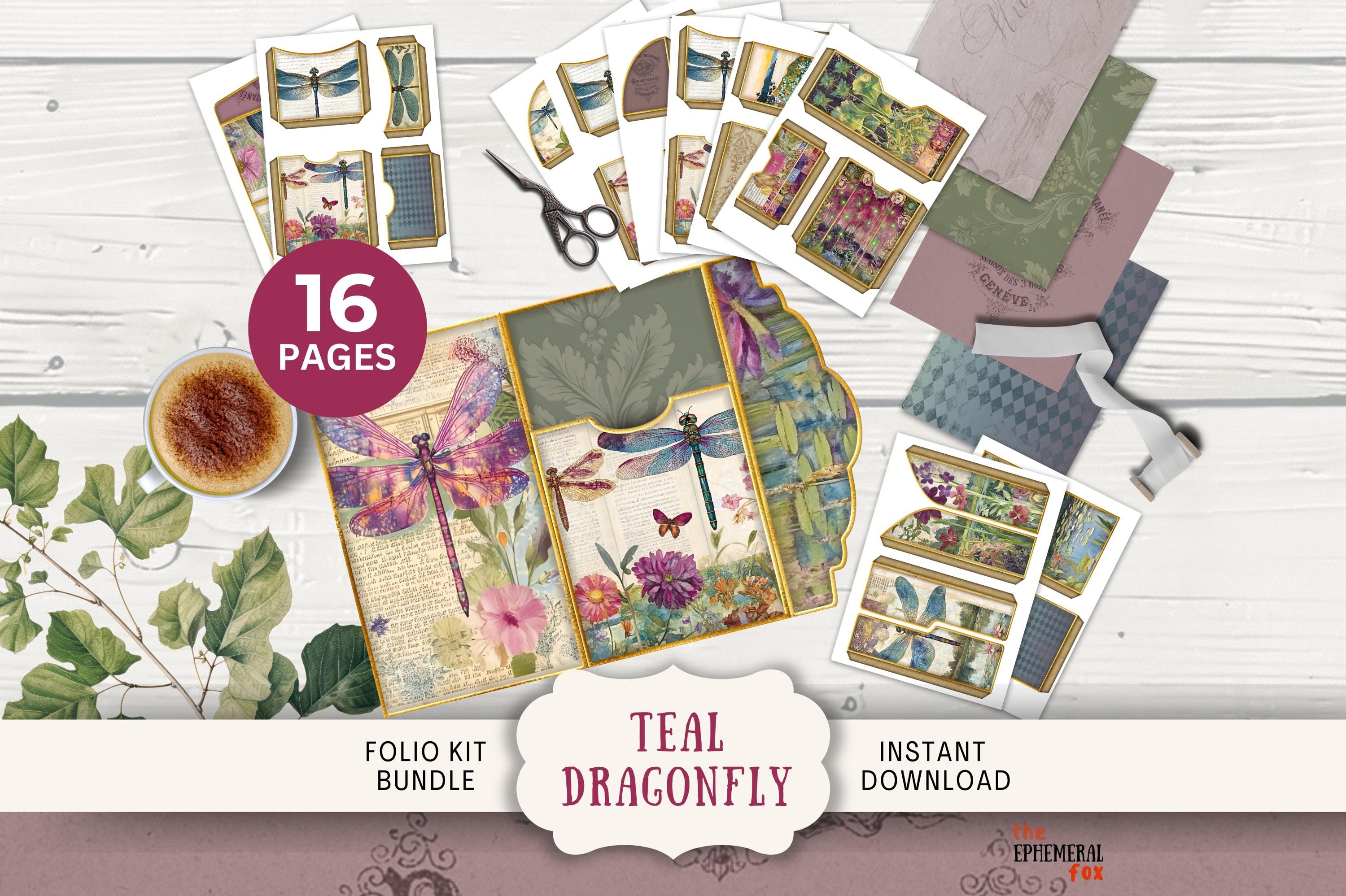 Teal Dragonflies Junk Journal Folio Kit, 16 Digital Mix and Match Pages & Pockets, Printable trifold blue dragonfly warm pond swamp  TEDF