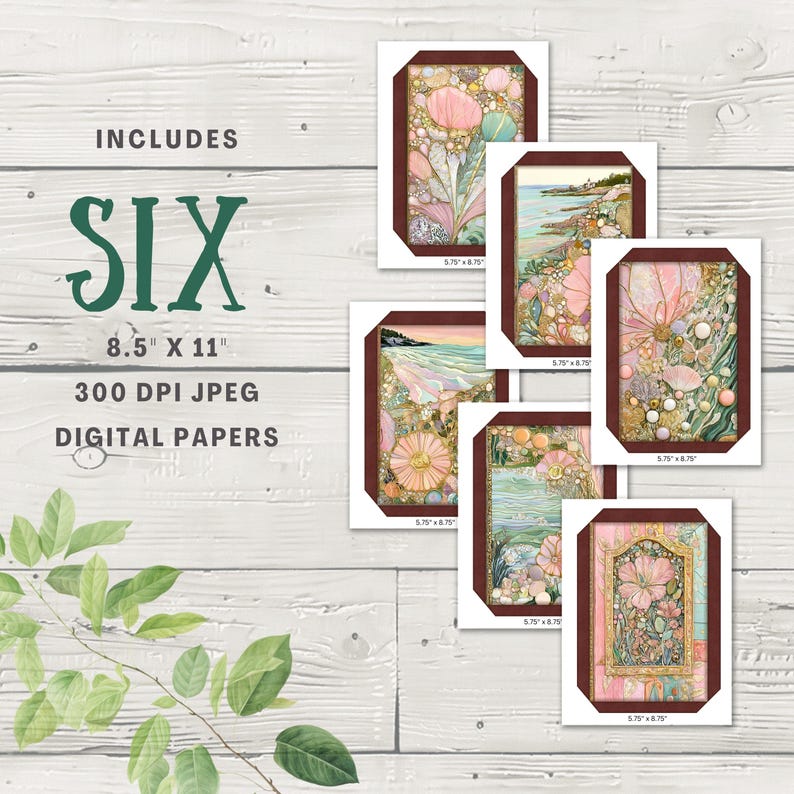 six digital papers with flowers and leaves on them