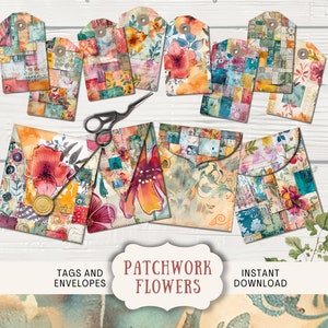 Floral Patchwork Junk Journal Ephemera Tags and Envelopes, 4 Digital Art Journal Printable Paper Craft envelopes, 8 tags, wild flower tags