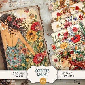 Páginas de diario basura de primavera campestre y papeles de álbum de recortes digitales 6 imprimibles rústicos florales bohemios verano naturaleza shabby girl folkart primitivo
