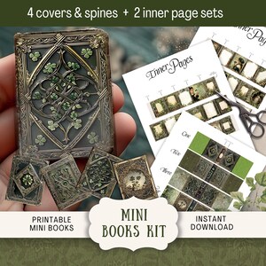 May include: A collection of miniature books, with a detailed cover design, and printable inner pages. The image includes the text "Mini Books Kit" and "Instant Download". The covers have a green and gold design. The image also shows a pair of scissors.