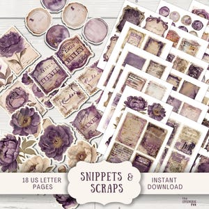 May include: A selection of vintage-style paper ephemera with a floral and botanical theme. The set includes stickers, labels, and decorative elements in shades of purple, beige, and brown. The text "SNIPPETS & SCRAPS" is visible.