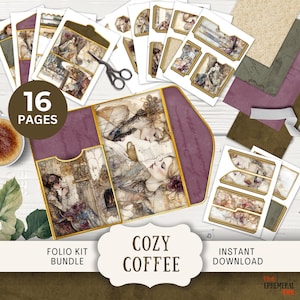 Könnte beinhalten: Ein digitaler Download von 16 druckbaren Seiten für ein gemütliches Kaffee-Folio-Kit. Das Kit enthält eine Vielzahl von Bildern und Designs, darunter einen lila Ordner mit Blumenmuster, eine Tasse Kaffee und ein Buch. Der Text "Cozy Coffee" ist in der Mitte des Bildes zu sehen.