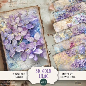 Lila ongewenste dagboekpagina's 6 digitaal plakboek 11 x 8,5" kunst afdrukbare paarse 3d bloemen bloemen mixed media grillige leeftijd vintage GL3D