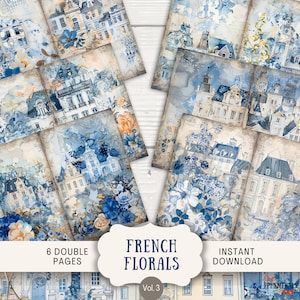 French Countryside Junk Journal Pages, 6 Digital Scrapbook Paper, 11 x 8.5&quot; Printable Flowers Floral Ephemera, Journal French Chinoiserie