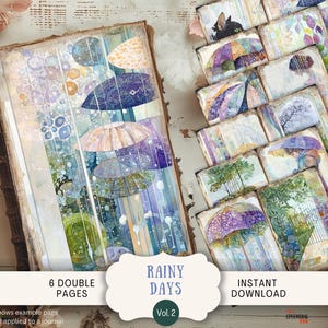 Rainy Day Junk Journal Pages 6 Digital Scrapbook Papers Printable whimsical vintage gumboots rain sky, umbrella shabby chic pastel  PARD2