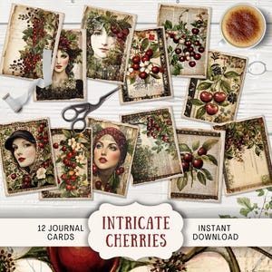 Cartões de diário de lixo de cerejas vintage 12 cartões postais digitais ATC imprimíveis itens efêmeros, artesanato em papel vintage botânico, ilustração antiga INCR
