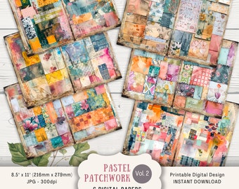 May include: Six digital papers featuring a patchwork design with pastel colours. The papers are 8.5 inches by 11 inches and 300 dpi. The papers are titled "Pastel Patchwork Vol. 2".