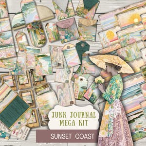 Könnte beinhalten: Eine Sammlung von Papier-Ephemera im Vintage-Stil, darunter Tags, Umschläge und dekorative Papiere, mit dem Thema Sonnenuntergangsküste. Das Set enthält eine Frau mit Sonnenschirm und den Text "Junk Journal Mega Kit Sunset Coast".