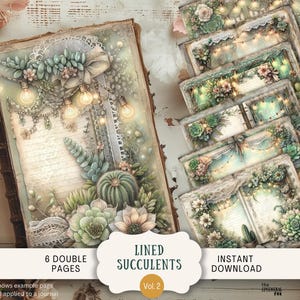 Páginas rayadas para diario basura con suculentas, 6 papeles para álbumes de recortes digitales, 11 x 8,5 pulgadas, para imprimir con motivos artísticos, estilo shabby chic, con rayas, cactus, estilo bohemio vintage, plantas de encaje LISC