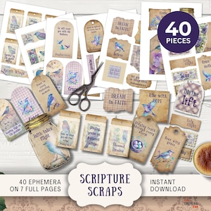 Frammenti di Scrittura di Uccellino Azzurro da Sogno, Effimeri della Fede Stampabili, Diari di Rifiuti, Carta per Versetti della Bibbia Devozionale Cristiana Shabby Chic Uccellino Azzurro BBDR