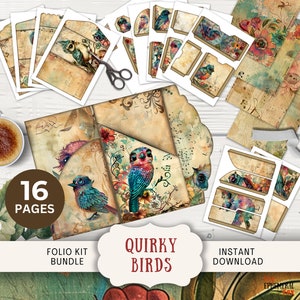 Journal folio ordures oiseaux bizarres, 16 pages numériques à mélanger et assortir et pochettes 11 x 8,5 pouces imprimables numériques, folio à trois volets oiseaux musique drôle