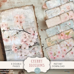 Páginas de diário de sucata de flor de cerejeira, 6 páginas de álbum de recortes digital, 11 x 8,5" Art Printable Journal Ephemera, papel digital floral vintage