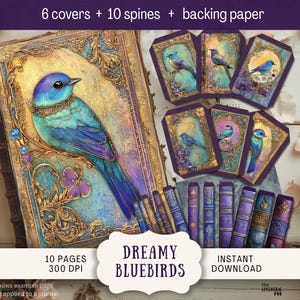 Cover Kit: Verträumter Bluebird Junk Journal Cover & Buchrücken Buchdeckel Digitaler Buch Topper Printable Leatherrücken vintage Aquarell shabby chic BBRD