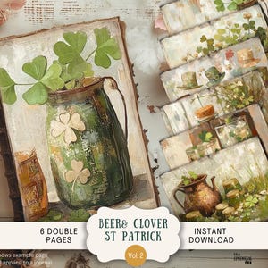 Páginas de diario basura del Día de San Patricio con cerveza y trébol, 6 papeles de álbum de recortes digitales de 11 x 8,5 pulgadas, para imprimir con estilo rústico campestre y vintage SKNT2