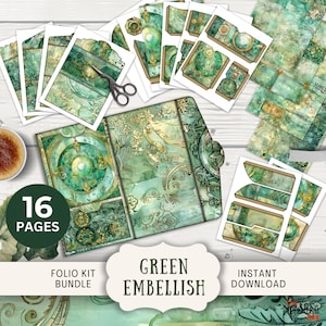 Green & Gold Junk Journal Folio, 16 pagine e tasche digitali mix and match, stampe digitali 11 x 8,5", abbellimenti verdi effimeri