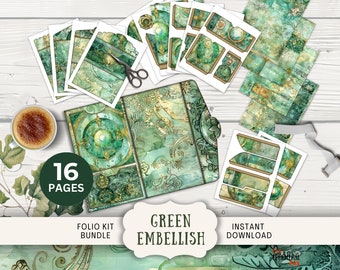 Green & Gold Junk Journal Folio, 16 Digital Mix and Match Pages and Pockets, 11 x 8.5&quot; Digital Printables,  Ephemera green embellishment