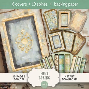 Kit de capa: Mint Spring Junk Journal Covers & Spines Carta dos EUA 300DPI Capa Topper Gold Sage Green caprichoso shabby chic boho imprimível MISP