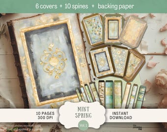 May include: A digital scrapbook kit with 10 pages, 6 covers, 10 spines, and a backing paper. The pages are decorated with a mint green and white color scheme and feature floral designs. The kit is titled "Mint Spring Vol. 1" and is available for instant download.