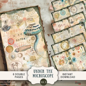 May include: Six double-page digital scrapbook papers featuring vintage illustrations of sea creatures and microscopic organisms. The papers are in a light beige color with a distressed texture and feature a variety of colors, including blue, green, red, and yellow. The title "Under the Microscope Vol. 3" is printed on the bottom of the image.
