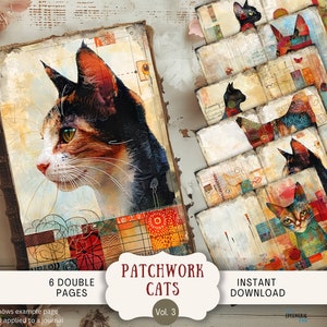 Pode incluir: Seis papéis digitais imprimíveis de dupla página com designs de gatos de patchwork. Os papéis são de estilo vintage com um visual desgastado. O texto "Patchwork Cats Vol. 3" está na parte inferior da imagem.