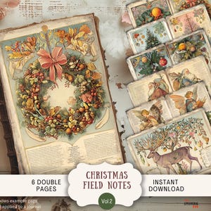 Puede incluir: Un diario de estilo vintage con una ilustración de corona navideña y una pila de tarjetas temáticas. El diario presenta una corona con bayas y un lazo. Las tarjetas representan escenas festivas. El texto en la imagen dice "Christmas Field Notes Vol 2" e "Instant Download".
