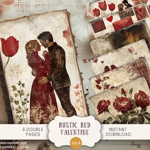 Pages de journal indésirable Saint-Valentin rouge rustique 6 papiers de scrapbooking numérique 11 x 8,5" Art imprimable amoureux de la campagne romantique fleurs Couple RRVA