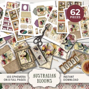 Op de afbeelding: Een verzameling vintage ephemera met bloemen en botanische illustraties. De set bevat labels, enveloppen en decoratieve elementen. De tekst luidt "Australian Blooms", "62 stuks" en "103 ephemera op 8 volledige pagina's".