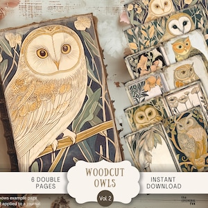 Holzschnitt Wunderliche Eulen Junk-Journal Seiten 6 Digitales Scrapbook Papiere 11 x 8,5" Art Printable Who3 Linolschnitt Linoldruck Eule Vögel Neutrale Who3