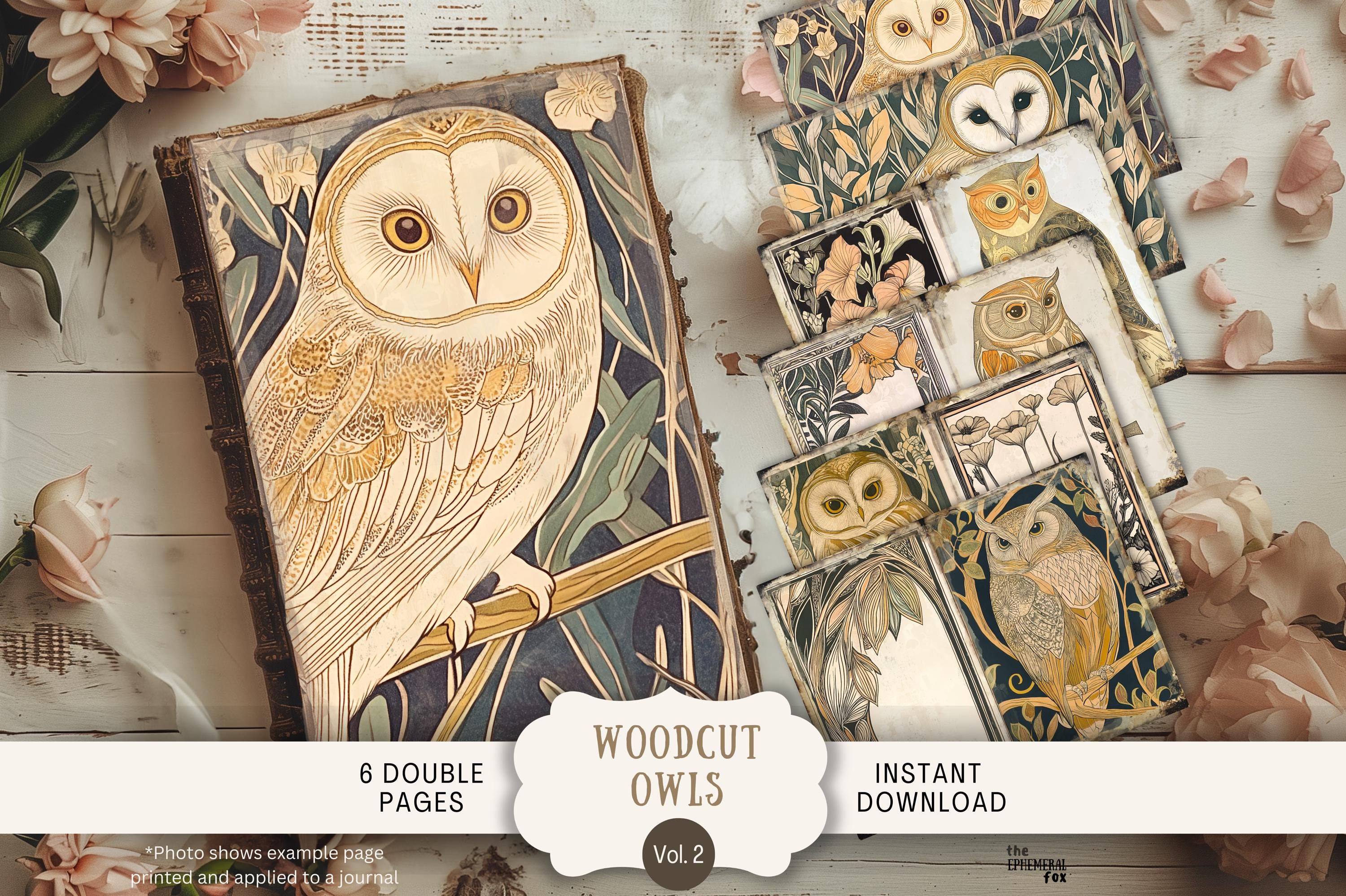 Woodcut Whimsical Owls Junk Journal Pages 6 Digital Scrapbook Papers 11 x 8.5" Art Printable WH