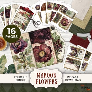 Könnte beinhalten: Ein digitales Scrapbooking-Set mit 16 Seiten mit burgunderfarbenen Blumen, Blättern und Designs im Vintage-Stil. Das Set beinhaltet ein Folio-Kit-Bundle und Optionen für den sofortigen Download. Der Text "Maroon Flowers" ist prominent auf dem Bild dargestellt.