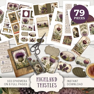 Schottische Distel Junk Journal Ephemera Kit- Tags Tickets Umschläge ATC Karten Etiketten Scraps Rahmen Snippets, Vintage Scottish Highlands SCTH