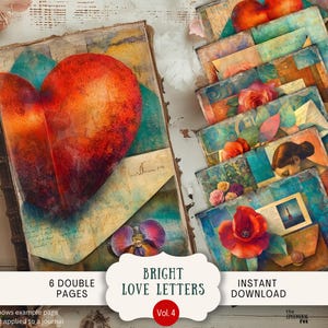 Carta de amor Art Nouveau brillante, 6 páginas para diario basura, papel digital para álbum de recortes, 28 x 21,5 cm, imprimible, Klimpt, San Valentín, corazón romántico, LLBK