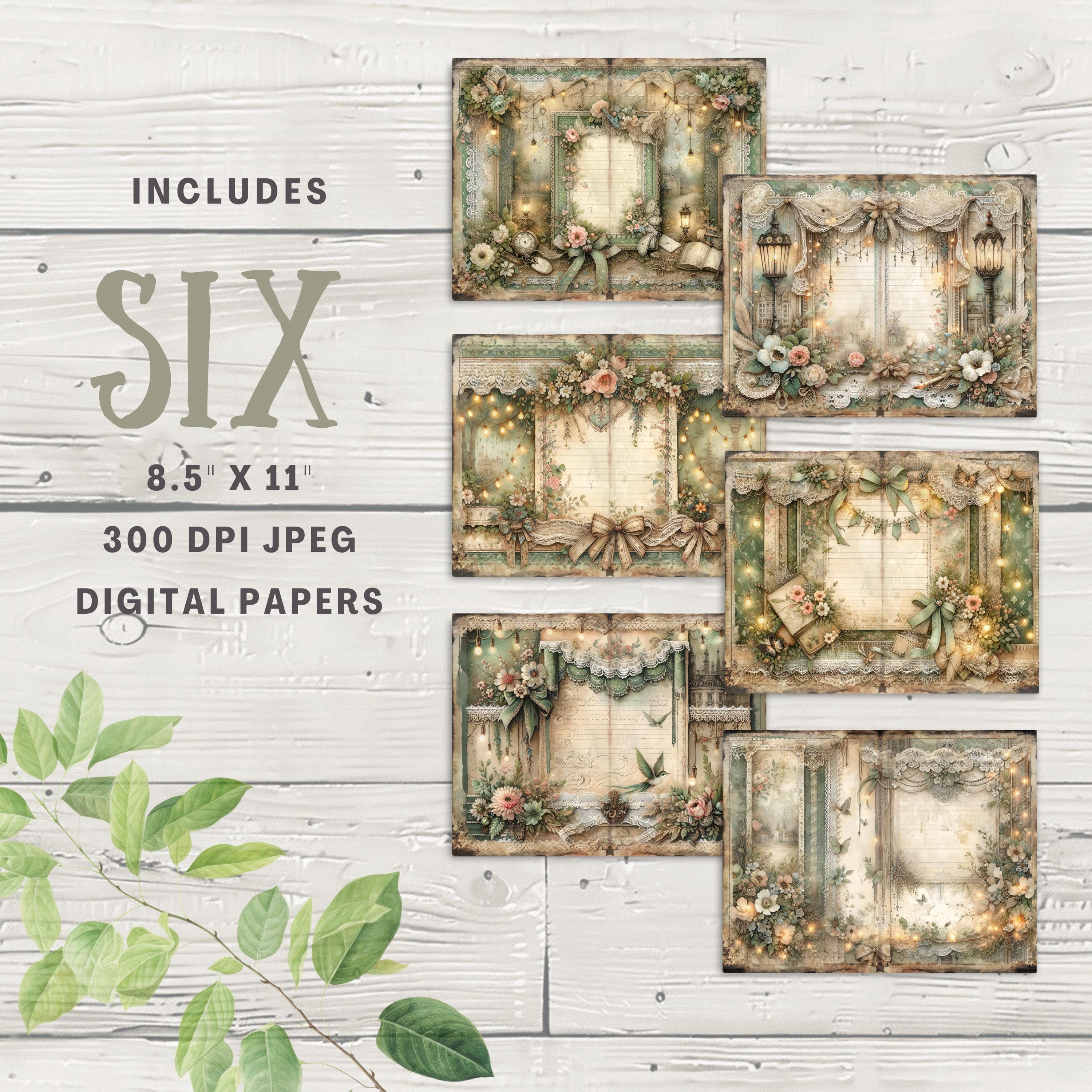 Lined Sage Green Junk Journal Pages 6 Digital Scrapbook Paper 11 X 8.5 ...
