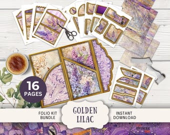 Golden Lilac Junk Journal Folio, 16 Digital Mix and Match Pages and Pockets 11 x 8.5" Digital Printables  gilt art nouveau trifold folio