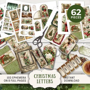Op de afbeelding: Een verzameling kerst-ephemera, waaronder labels, tags en decoratieve papieren uitsparingen. De ontwerpen bevatten feestelijke elementen zoals hulst, kerstbomen en vintage illustraties. De tekst "Christmas Letters" is inbegrepen.
