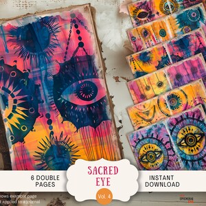 Sacred Eye Junk Journal Pages, 6 Digital Scrapbook Pages, 11 x 8.5" Art Printable Journal Ephemera, 70s hippy rainbow third eye