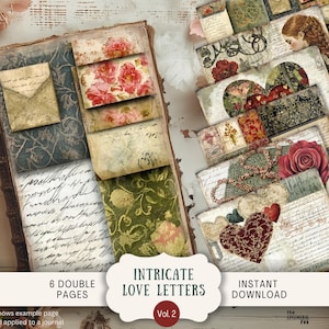 Páginas de diario basura con cartas de amor intrincadas, 6 papeles para álbumes de recortes digitales, 11 x 8,5 pulgadas, para imprimir con arte, corazones de escritura victorianos y caprichosos de estilo vintage VILP