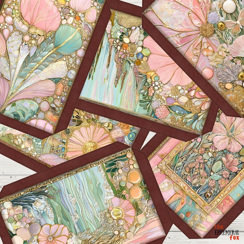 The image is a collage of various colorful and intricate floral and nature-inspired artworks, featuring a variety of flowers, leaves, and other natural elements.