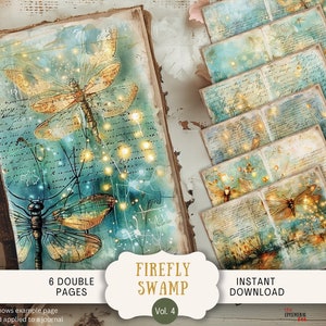 Pu&ograve; includere: Sei carte digitali per scrapbooking a doppia pagina con uno sfondo blu e verde con illustrazioni di libellule e luci brillanti. Il testo "Firefly Swamp Vol. 4" &egrave; nella parte inferiore dell'immagine.