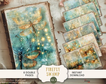 Firefly Swamp Junk Journal Pages, 6 Digital Scrapbook Pages, 11 x 8.5" Art Printable Journal Ephemera, Vintage Firefly Bayou River Pond