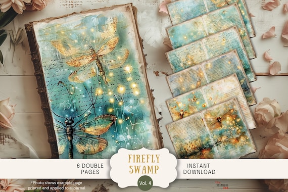 Firefly Swamp Junk Journal Pages, 6 Digital Scrapbook Pages, 11 x 8.5" Art Printable Journal Ephemera, Vintage Firefly Bayou River Pond