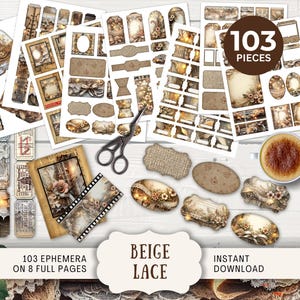 May include: Beige lace digital paper pack with 103 pieces of vintage style ephemera, including tags, labels, and frames. The pack includes 8 full pages of printable digital paper.