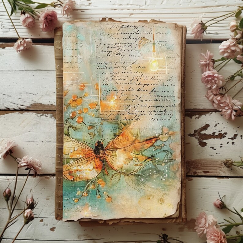May include: A vintage book with a hand-painted cover featuring a butterfly with orange and yellow wings, surrounded by delicate flowers and a blue and green background. The book has a worn, aged look and is covered in handwritten text.